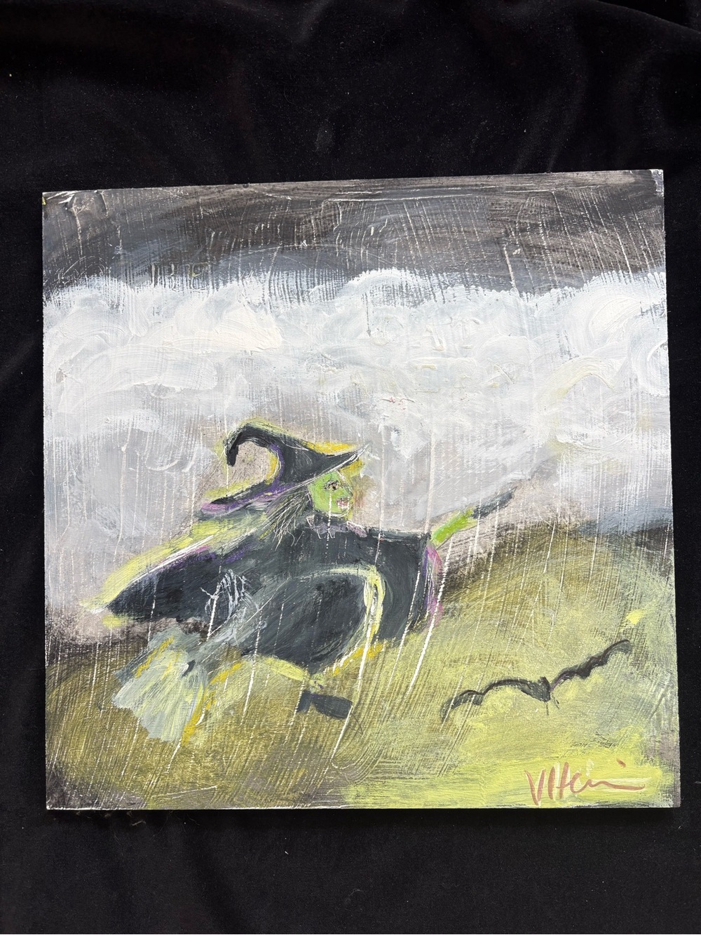Handmade Halloween Witch AcrylicPainting on BirchWood 12”x12” byVictoria Heisler